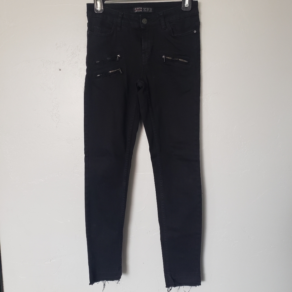 Zara Basic Denim Black Skinny Jeans Zipper Accent Size 2 Low Rise